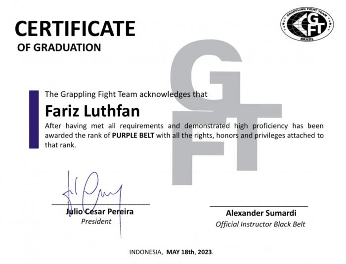 Purple belt · May 18, 2023 · Promoted by Prof. Bruno Cunha And Prof. Alexander Sumardi