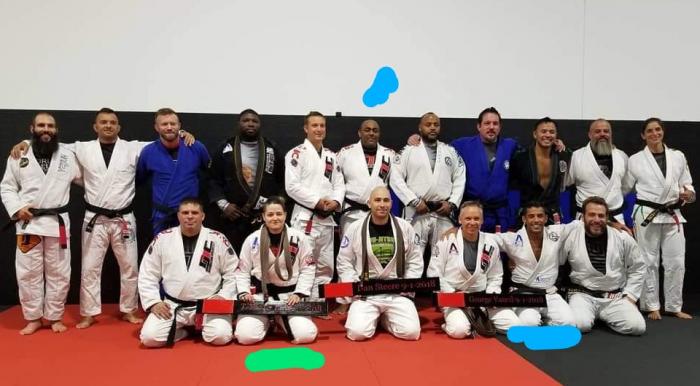 I (green dot) received my black belt from Ricardo Tubbs and Tim Monteiro (blue dots)