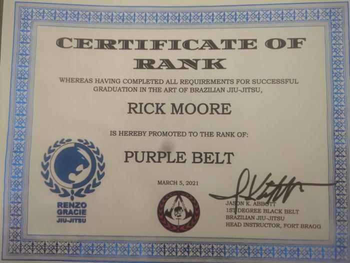 Purple belt · March 5, 2021 · Promoted by Jason Abbot