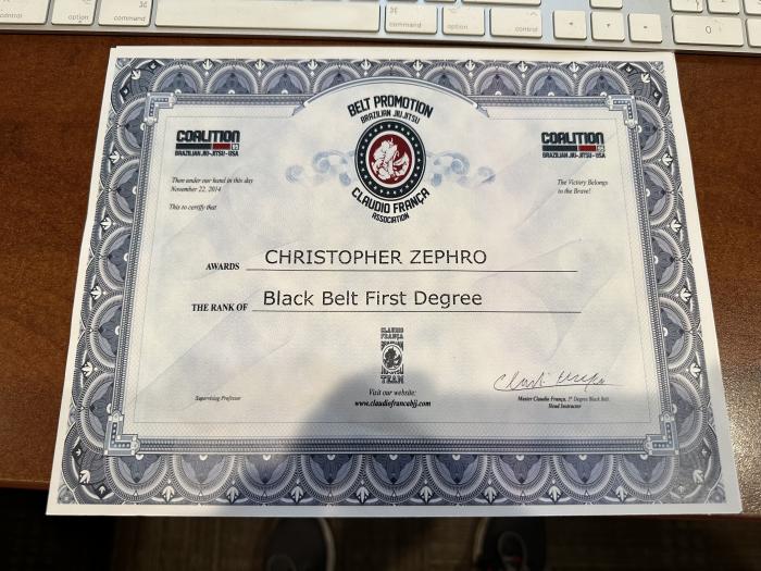 Black belt 1st degree · November 22, 2014 · Promoted by Claudio Franca