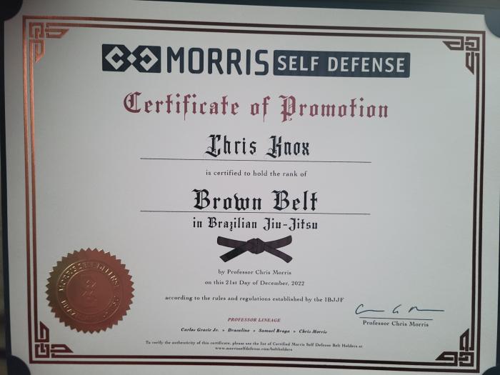 Brown belt · December 21, 2022 · Promoted by Chris Morris