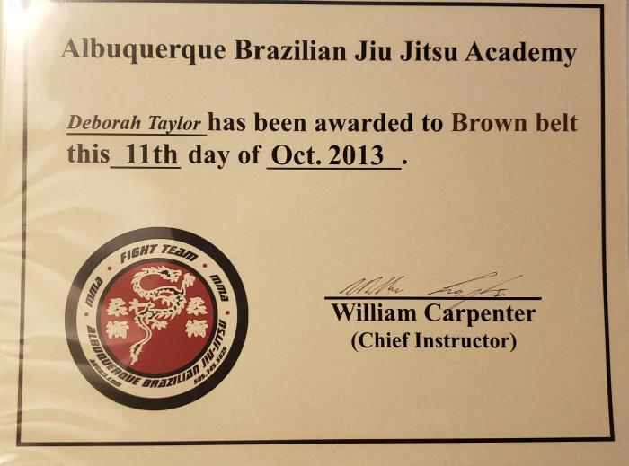 Brown belt certificate from Professor Carpenter