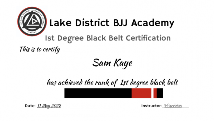 certificate from Lake District BJJ Academy