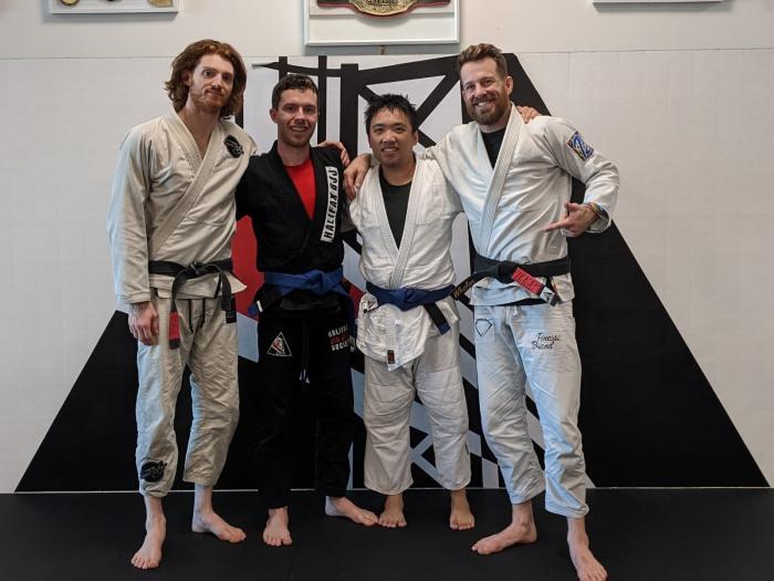 Promotion to blue belt on October 30, 2022 (Team Day) at Halifax BJJ. Surprisingly large audience and several attendees. Jon Thomas came to visit too! Thanks Eric for suggesting me to upload this pic!
