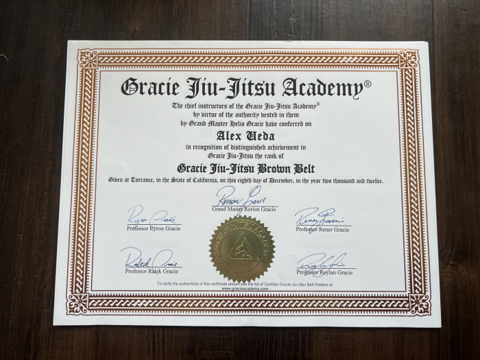 Brown belt · December 8, 2012 · Promoted by Rorion, Ryron, and Rener Gracie