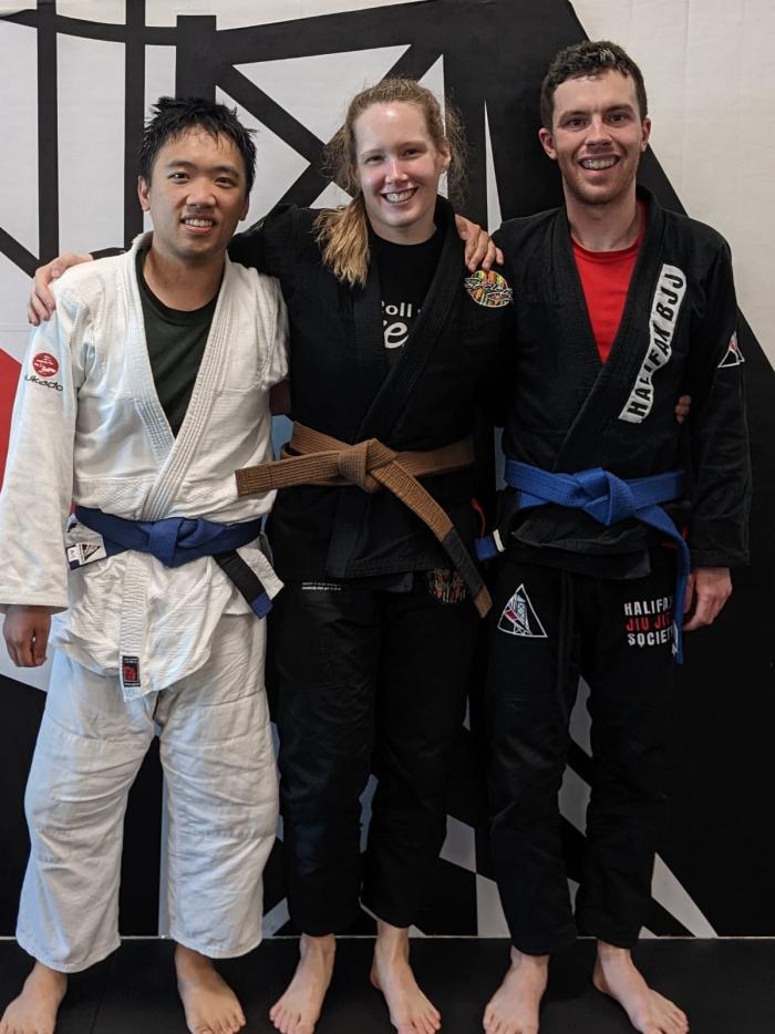 Promotion to blue belt on October 30, 2022 (Team Day) at Halifax BJJ. Photo with Christine Fader and my good training partner