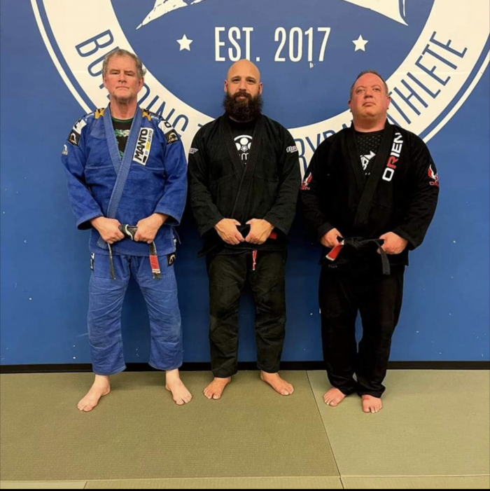 Me, on right, mean mugging at school were I teach takedown class