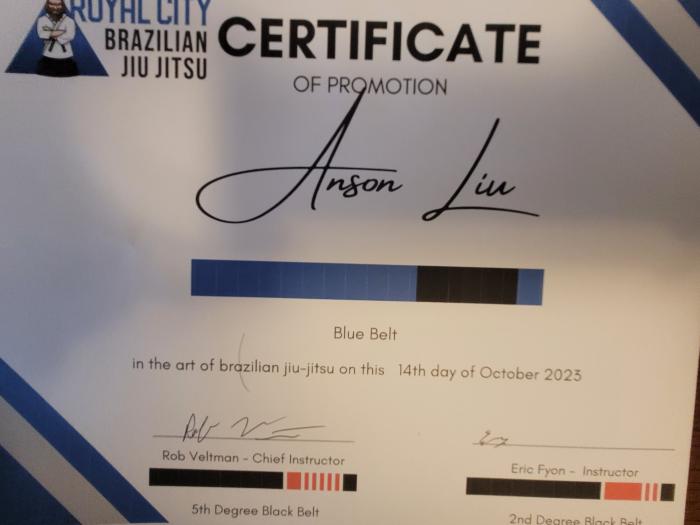 Blue belt · October 14, 2023 · Promoted by Professor Rob Veltman