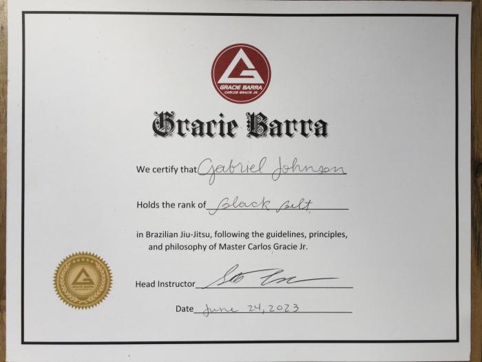 Gracie Barra Black Belt Certificate