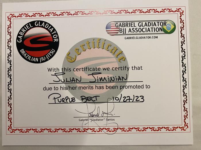 Purple belt · October 27, 2023 · Promoted by Gabriel Gladiator