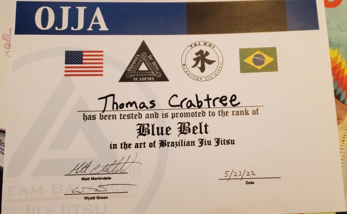 Blue belt · May 23, 2022 · Promoted by Matt Martindale