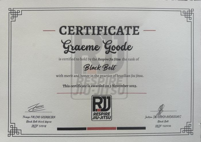 Black belt · November 3, 2023 · Promoted by Thiago Goiabeira - 4th Degree Black belt. Six Blades / Respire Jiu Jitsu