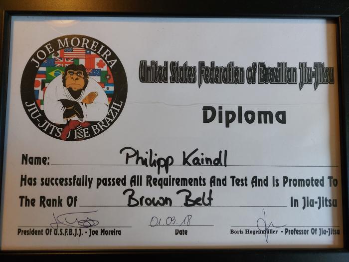 Brown belt · September 1, 2018 · Promoted by Joe Moreira
