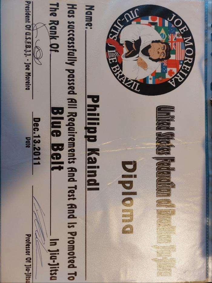 Blue belt · December 13, 2011 · Promoted by Joe Moreira