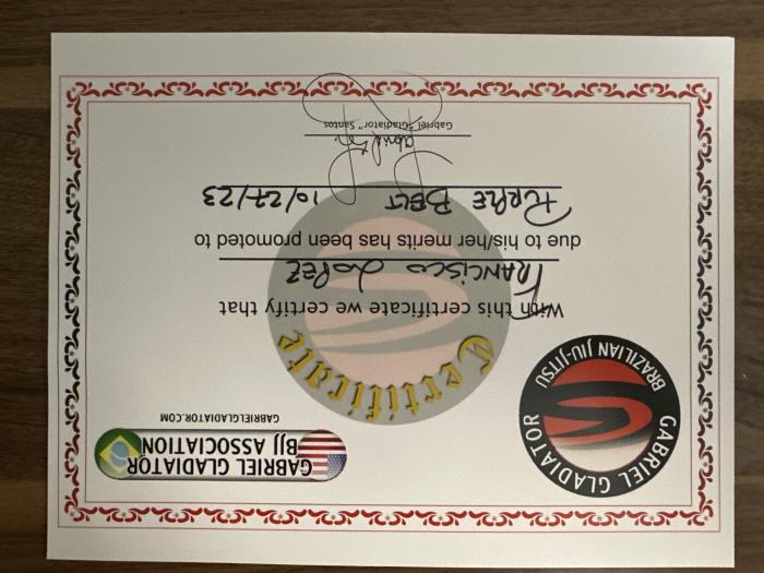 Purple belt · October 27, 2023 · Promoted by Gabriel Gladiator