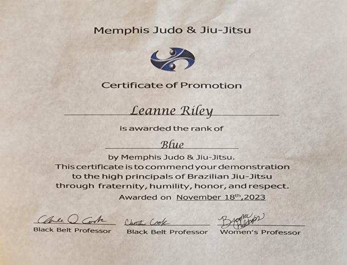 Blue belt · November 18, 2023 · Promoted by Christy Cook