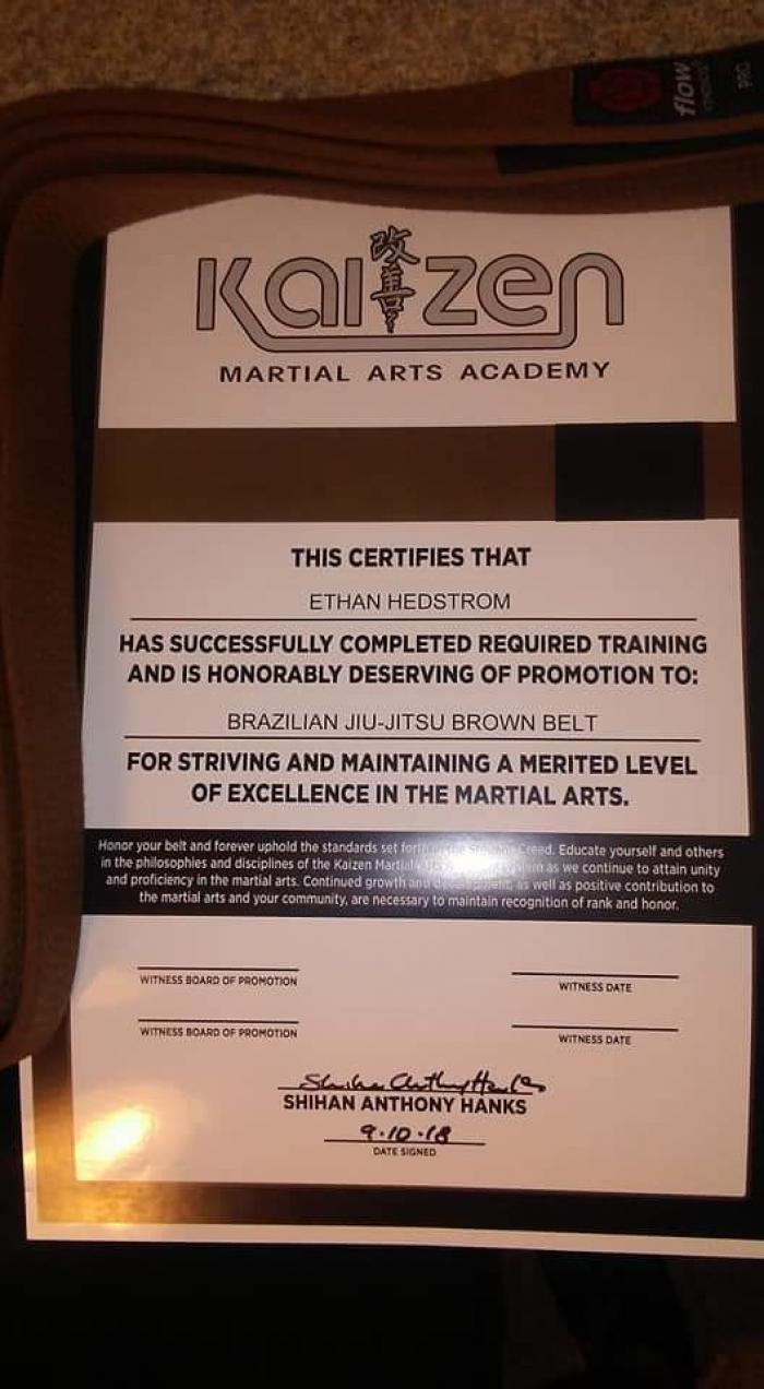 Brown belt · September 10, 2018 · Promoted by Anthony Hanks
