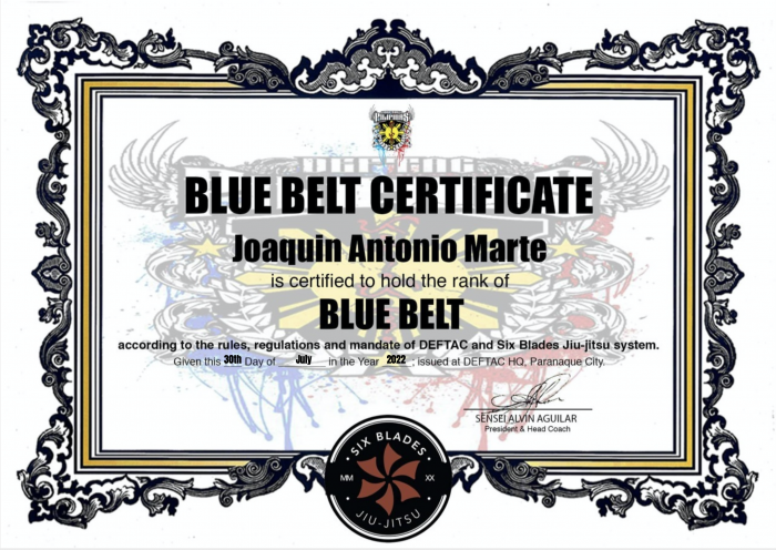 Blue belt · July 30, 2022 · Promoted by Prof. Arthur Alvin Aguilar