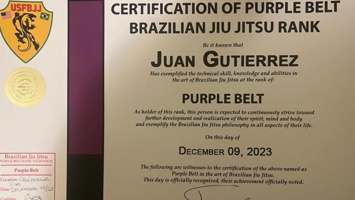 Purple belt · December 9, 2023 · Promoted by Mario Rios