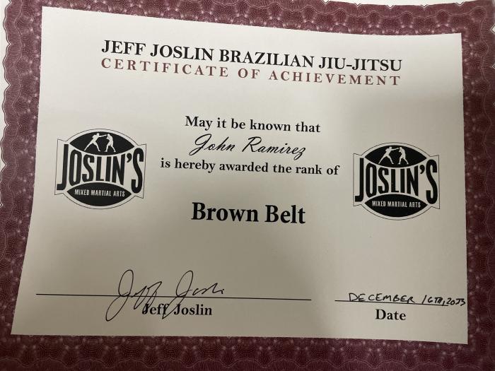 Brown belt · December 16, 2023 · Promoted by Professor Jeff Joslin