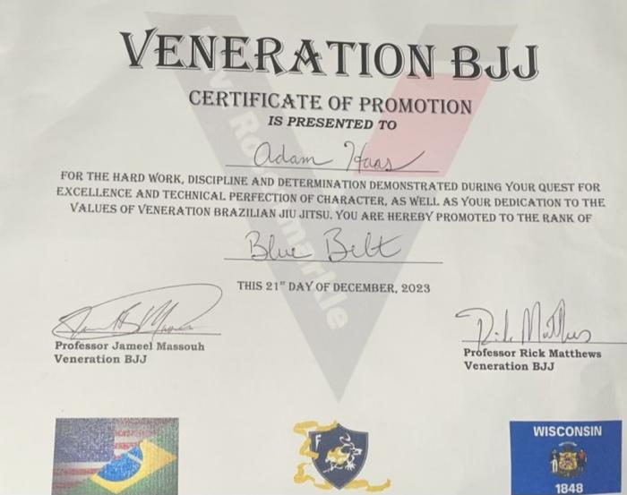Blue belt · December 21, 2023 · Promoted by Jameel Massouh