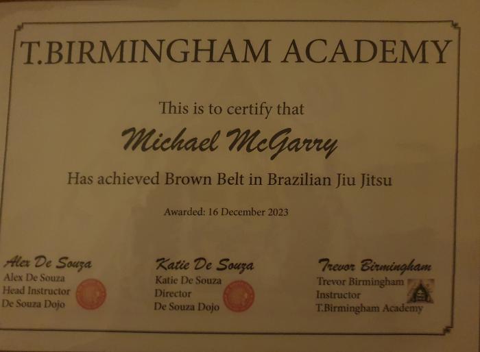 Brown belt · December 16, 2023 · Promoted by Trevor Birmingham