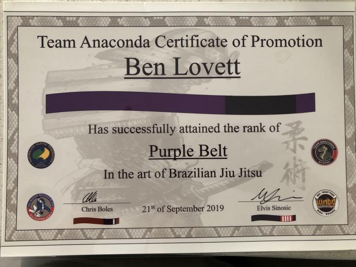 Purple belt · September 21, 2019 · Promoted by Chris Boles