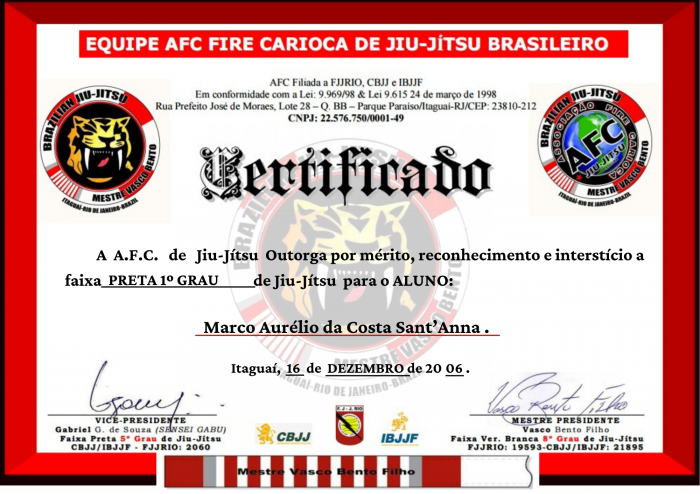 Black belt 1st degree · December 16, 2006 · Promoted by Mestre Vasco Bento Filho