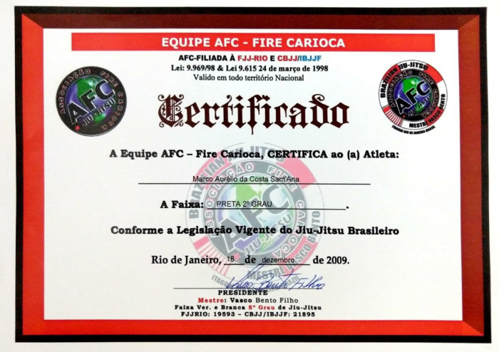 Black belt 2nd degree · December 18, 2009 · Promoted by Mestre Vasco Bento Filho