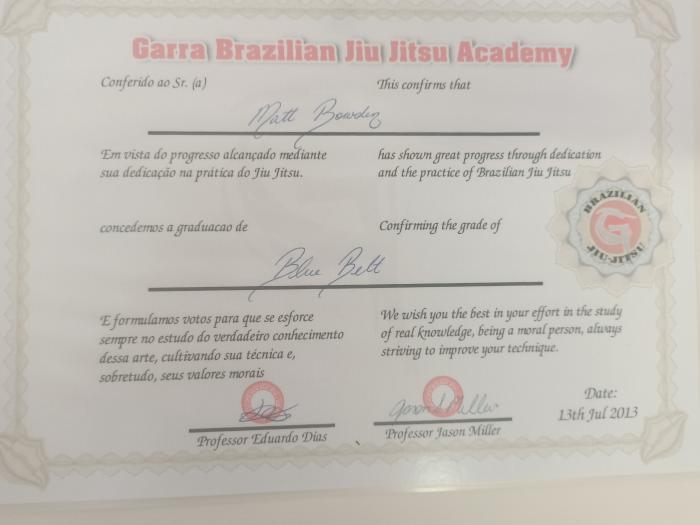 Blue belt · July 13, 2013 · Promoted by Professor Eduardo Dias & Professor Jason Miller