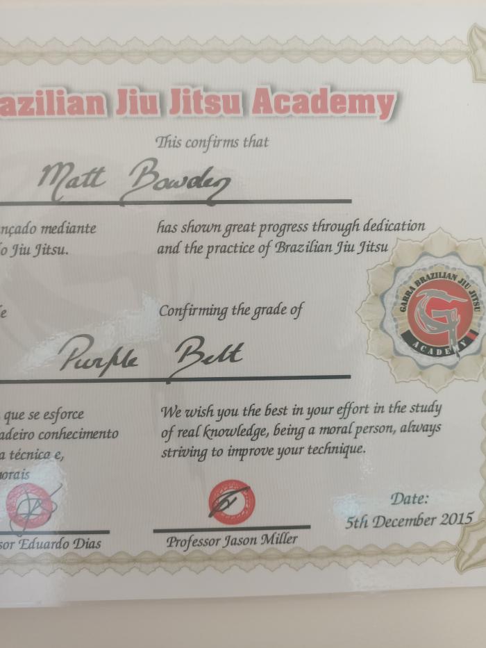 Purple belt · December 5, 2015 · Promoted by Professor Eduardo Dias & Professor Jason Miller