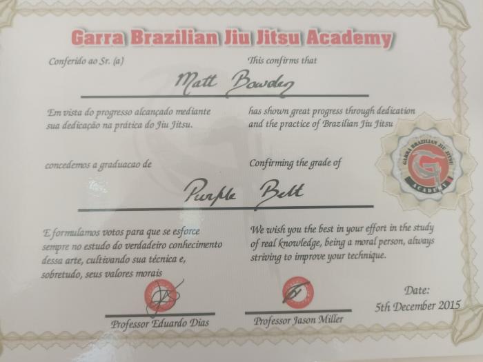 Purple belt · December 5, 2015 · Promoted by Professor Eduardo Dias & Professor Jason Miller
