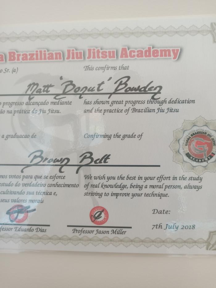 Brown belt · July 7, 2018 · Promoted by Professor Eduardo Dias & Professor Jason Miller
