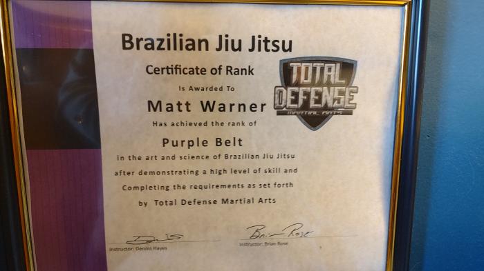 Purple belt · March 7, 2020 · Promoted by Dennis Hayes of Hybrid Martial Arts (Roanoke, VA)