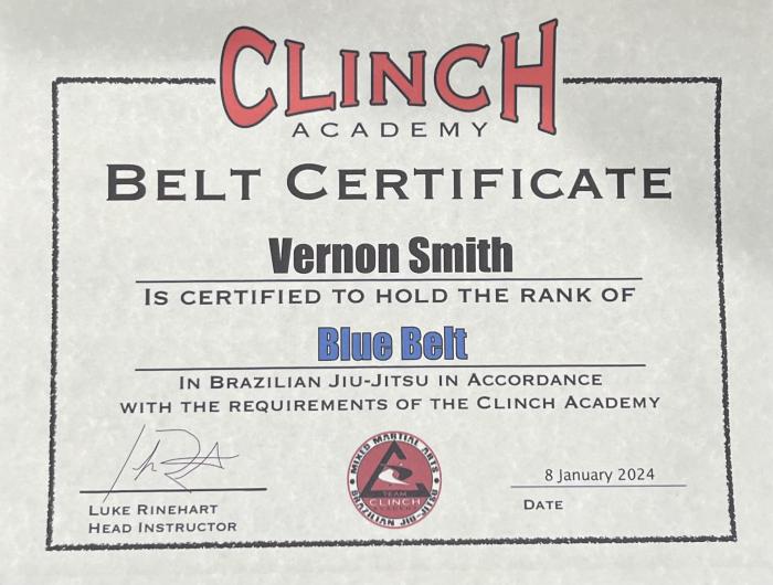 Blue belt · January 8, 2024 · Promoted by Luke