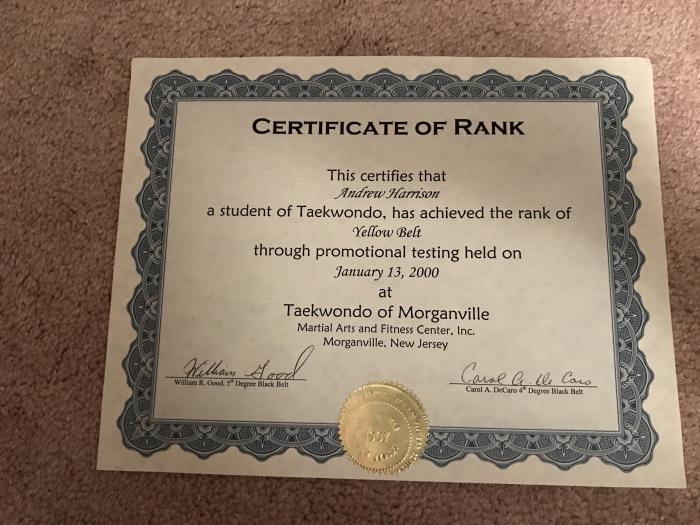 Yellow belt · January 13, 2000 · Promoted by William Good, black degree 5 and Carol A DeCaro, black degree 4