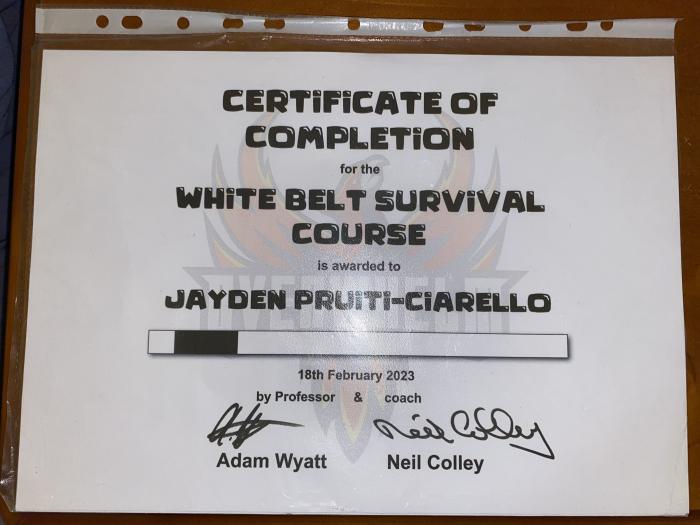 Certificate completions white belt survival course