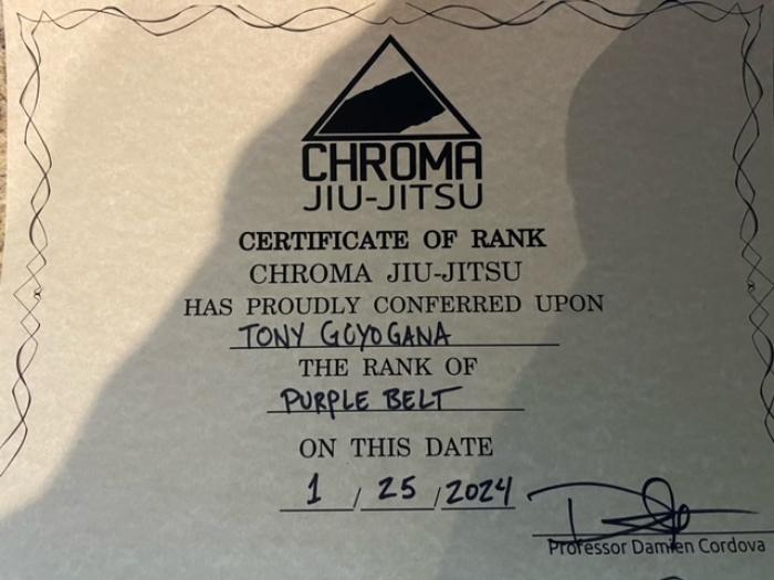 Purple belt · January 25, 2024 · Promoted by Damien Cordova