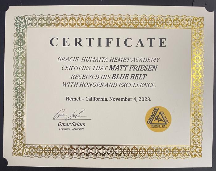 Blue belt · November 4, 2023 · Promoted by Omar Sallum