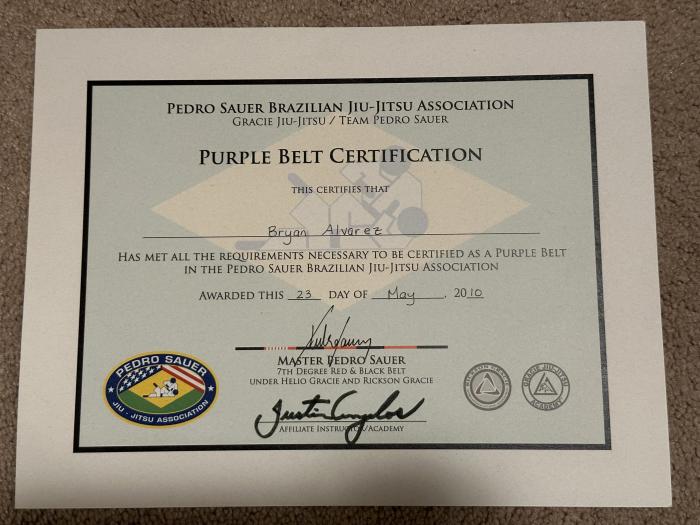 Purple belt · May 23, 2010 · Promoted by Pedro Sauer