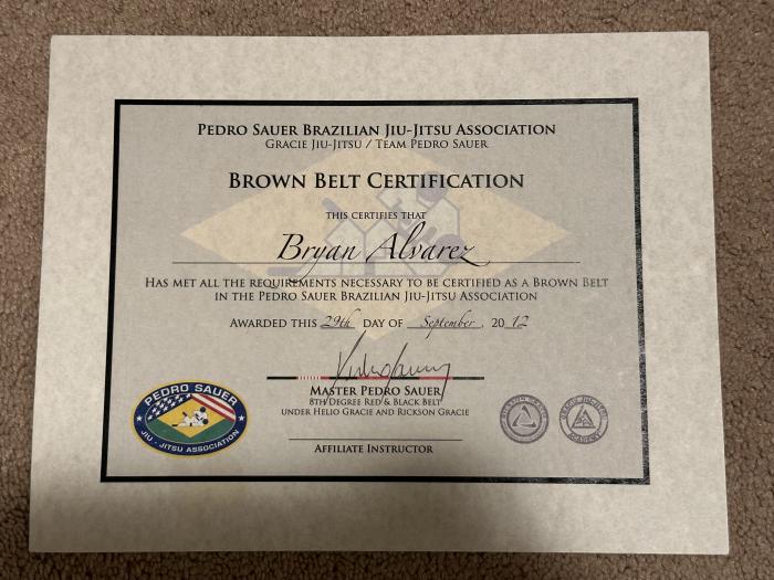 Brown belt · September 29, 2012 · Promoted by Pedro Sauer