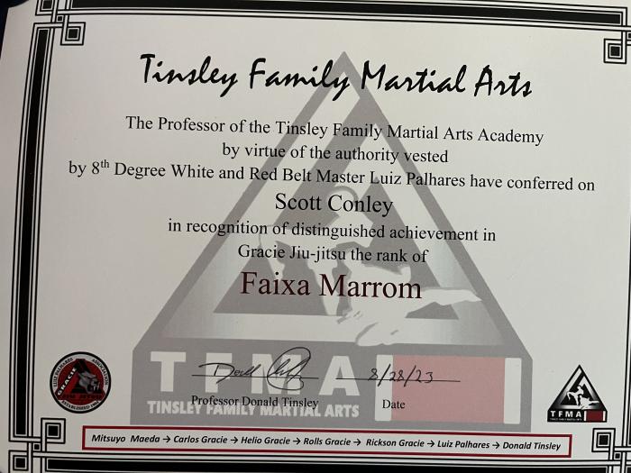 Brown belt · August 28, 2023 · Promoted by Professor Donnie Tinsley