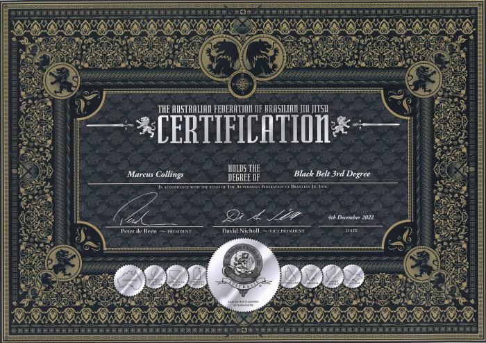 AFBJJ 3rd Degree Cert signed by Peter DeBeen