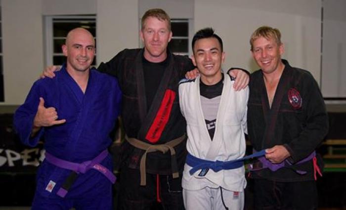 Coaching as a brown belt in 2016 at Sublimate BJJ Toowoomba with George Jukes (purple belt)
