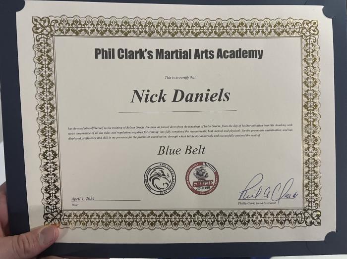 Blue belt cert. Promoted 4-1-24