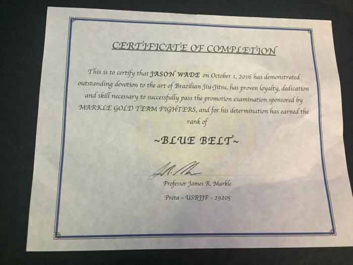 Blue belt · October 1, 2016 · Promoted by James Markle