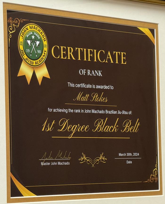 Belt Certificate from Master John Machado