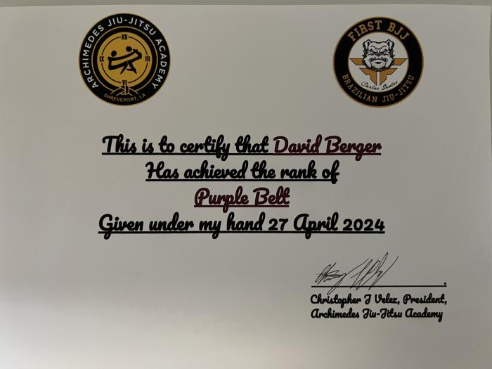Purple belt · April 27, 2024 · Promoted by Christopher Velez