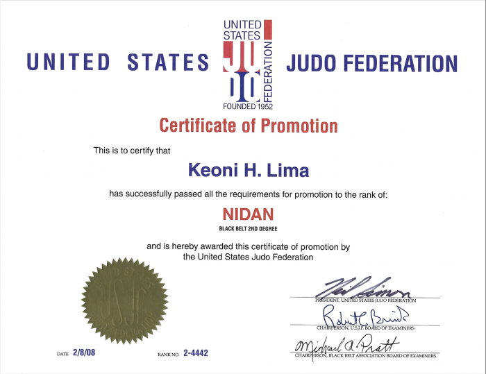 Black belt 2nd degree · February 8, 2008 · Promoted by Rocky K. Lima