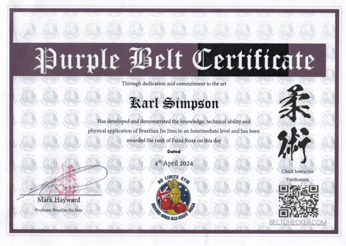Purple belt · April 4, 2024 · Promoted by Mark Hayward